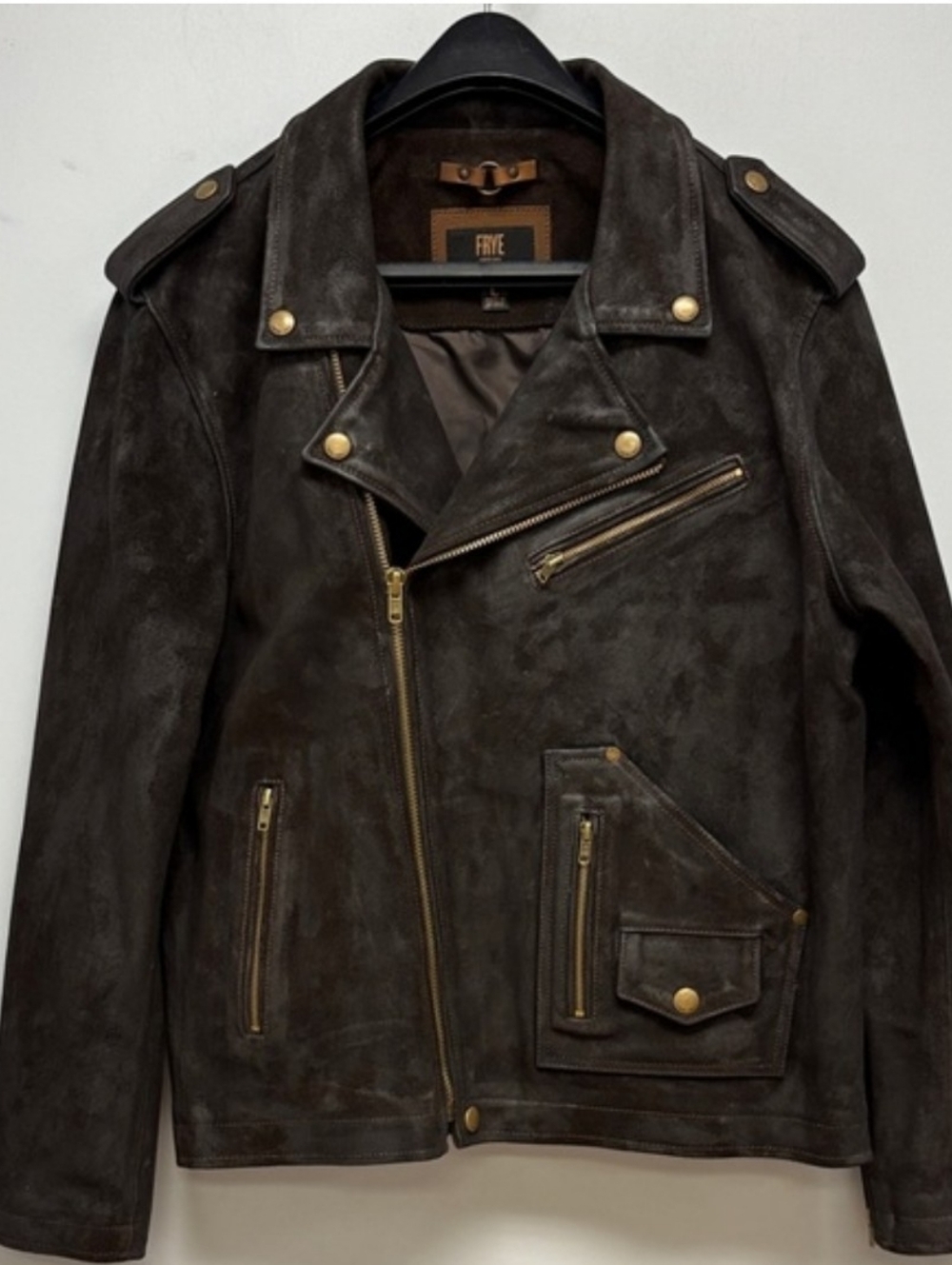 Frye Dark Brown Suede Biker-Style Bomber Jacket